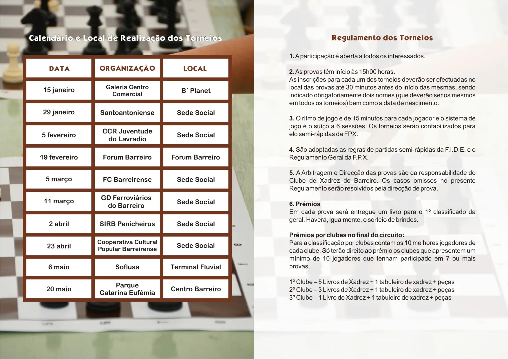 Folheto/Calendário do 19º Circuito de Torneios de Xadrez do Barreiro 2017