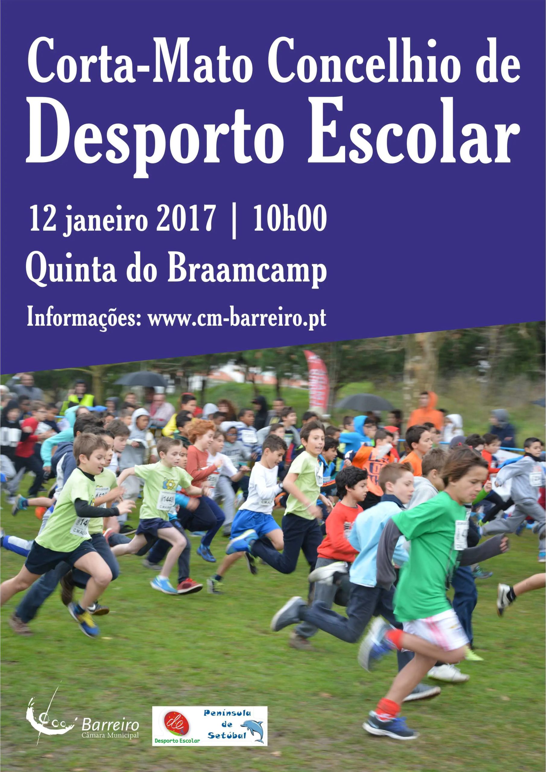 Cartaz do Corta-Mato Concelhio de Desporto Escolar 2017 na Quinta do Braamcamp, 12 janeiro 2017