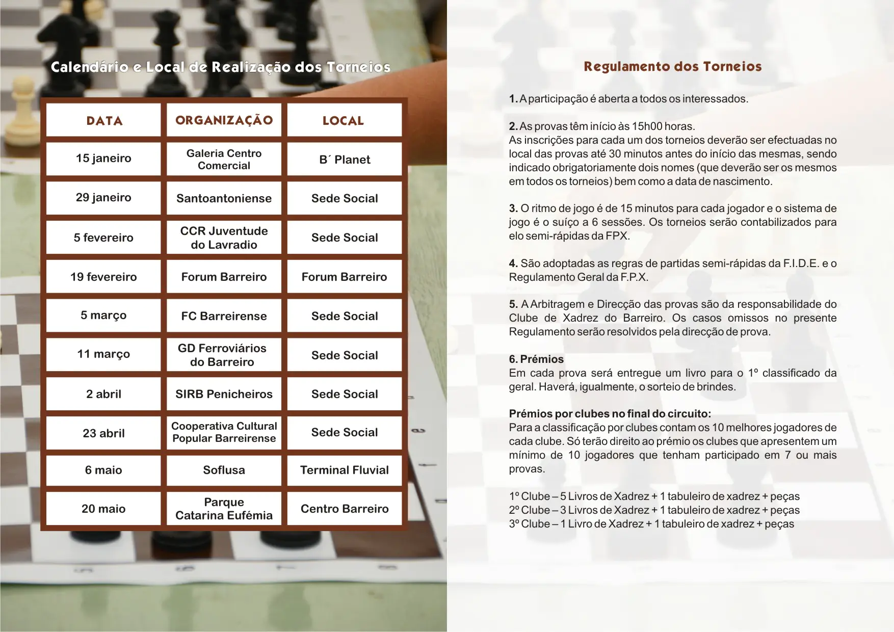 Calendário e regulamento do 19º Circuito de Torneios de Xadrez do Barreiro 2017