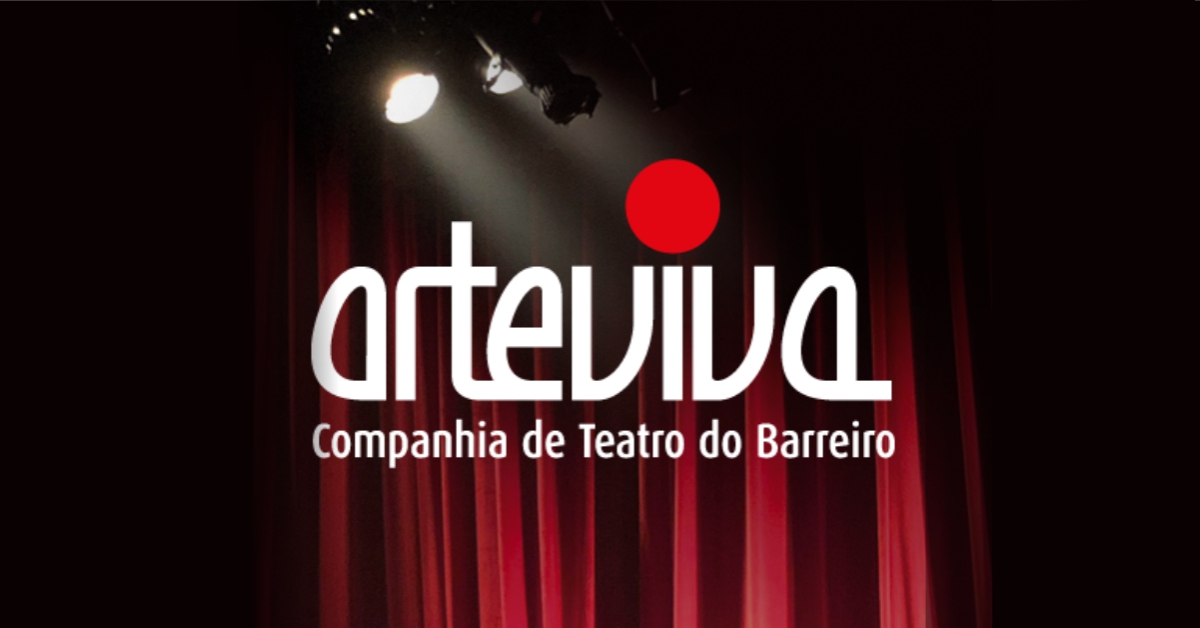 Logótipo da Companhia de Teatro Arteviva com luzes e cortinas vermelhas no fundo