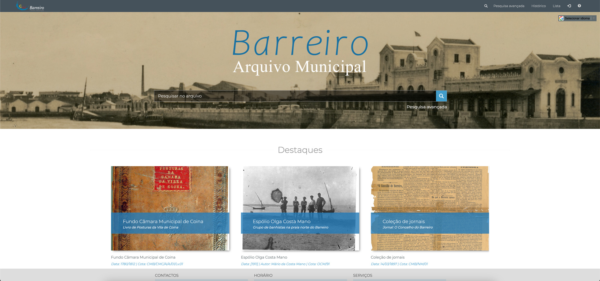 Homepage do Portal de Pesquisa do Arquivo Municipal
