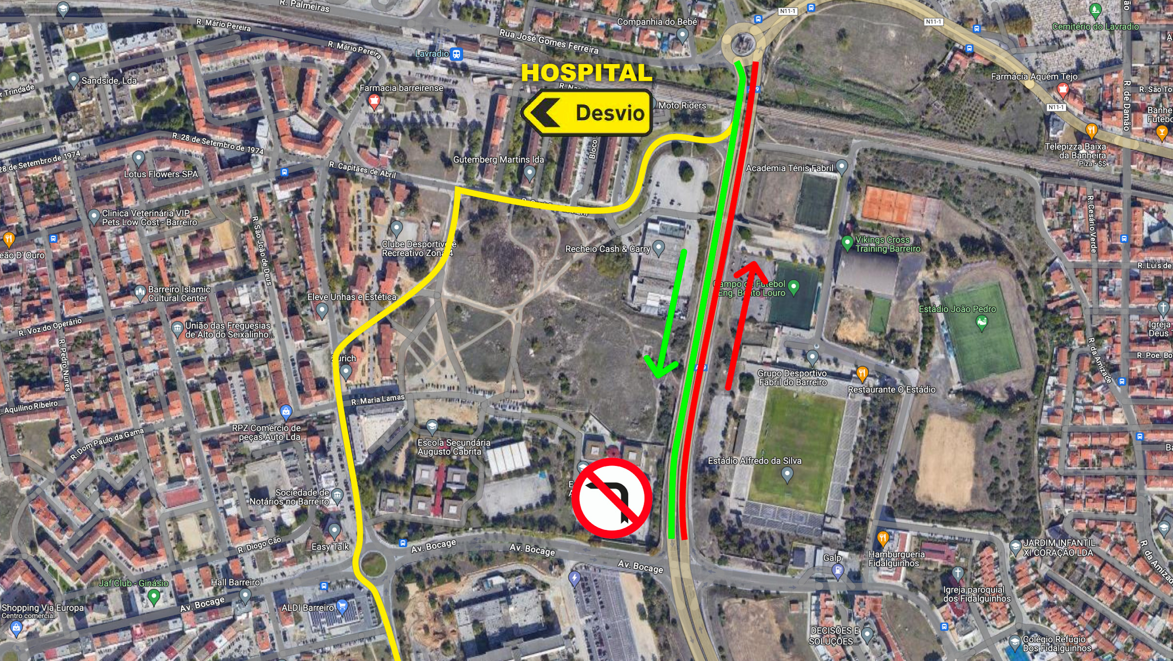 Visualização do condicionamento de Trânsito no IC 21, de novembro de 2023, referente à abertura do troço entre o Nó do Hospital e a Rotunda do Lavradio