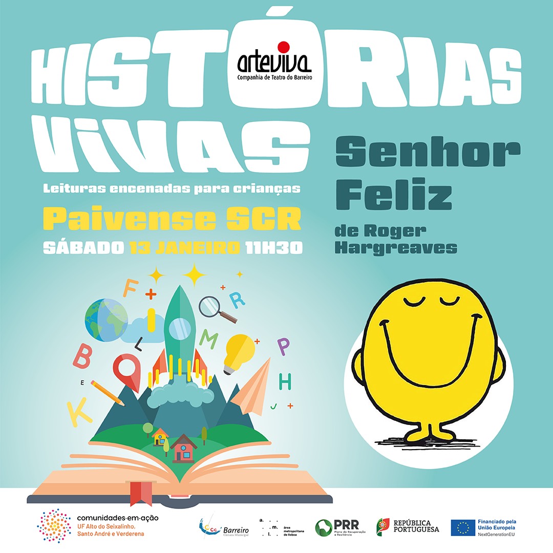 Cartaz do evento Histórias Vivas - Senhor Feliz, de Roger Hargreaves, com a ilustração de um l...