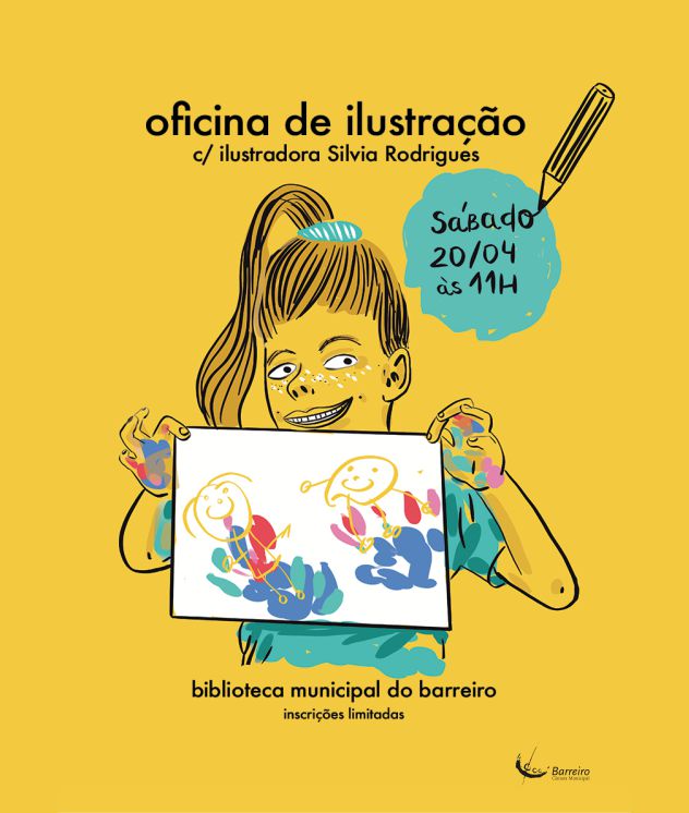 Cartaz da oficina de Ilustração para crianças, com Silvia Rodrigues, dia 20 de abril de 2024