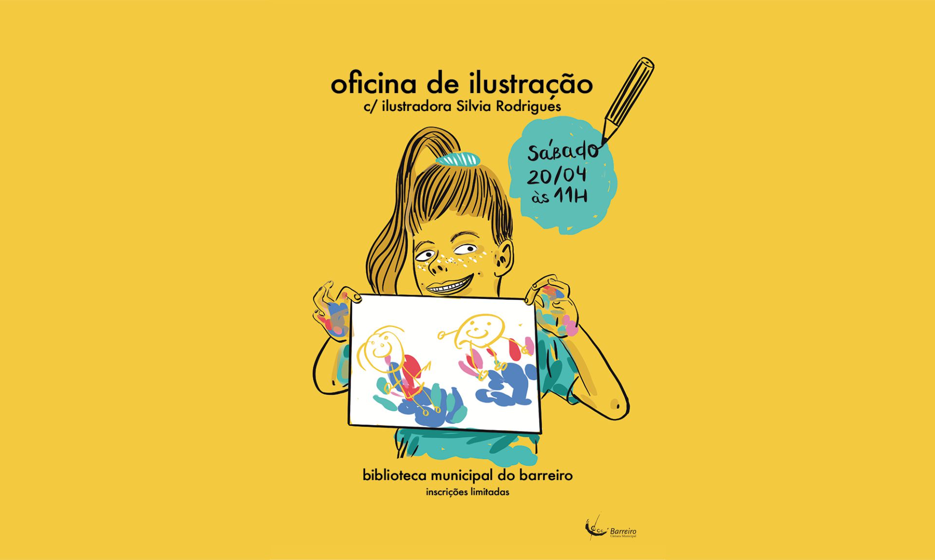 Cartaz da oficina de Ilustração para crianças, com Silvia Rodrigues, dia 20 de abril de 2024