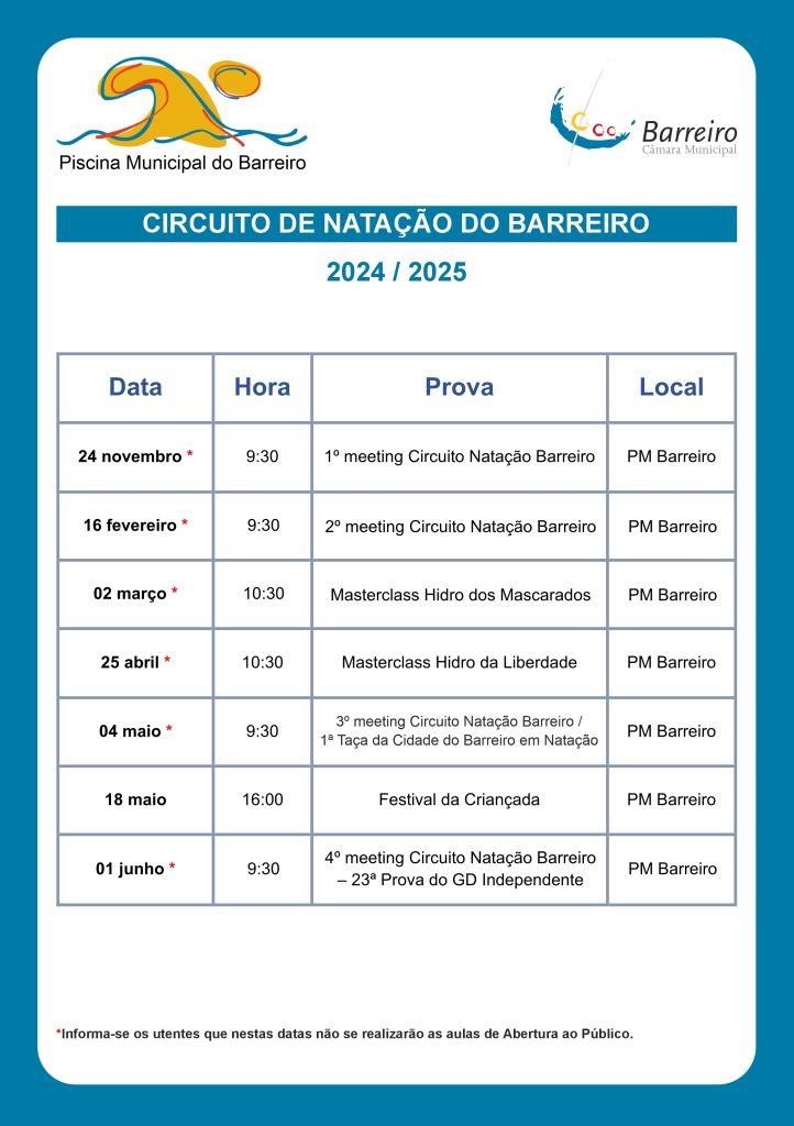 Circuito de Natação do Barreiro 2024/2025 | Calendário Piscina Municipal do Barreiro