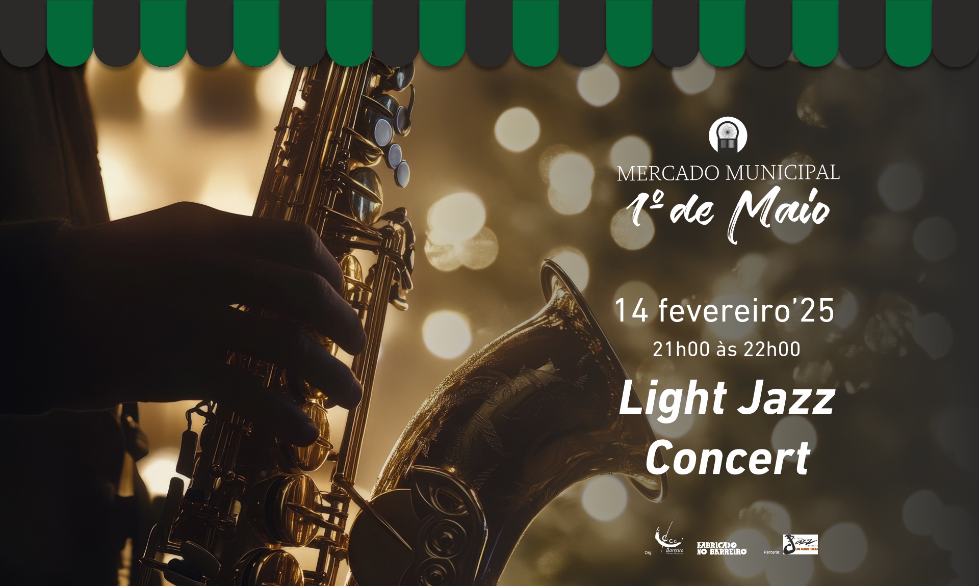 Cartaz do Light Jazz Concert dia 14 de fevereiro de 2025 no Mercado Municipal 1º de Maio do Barr...