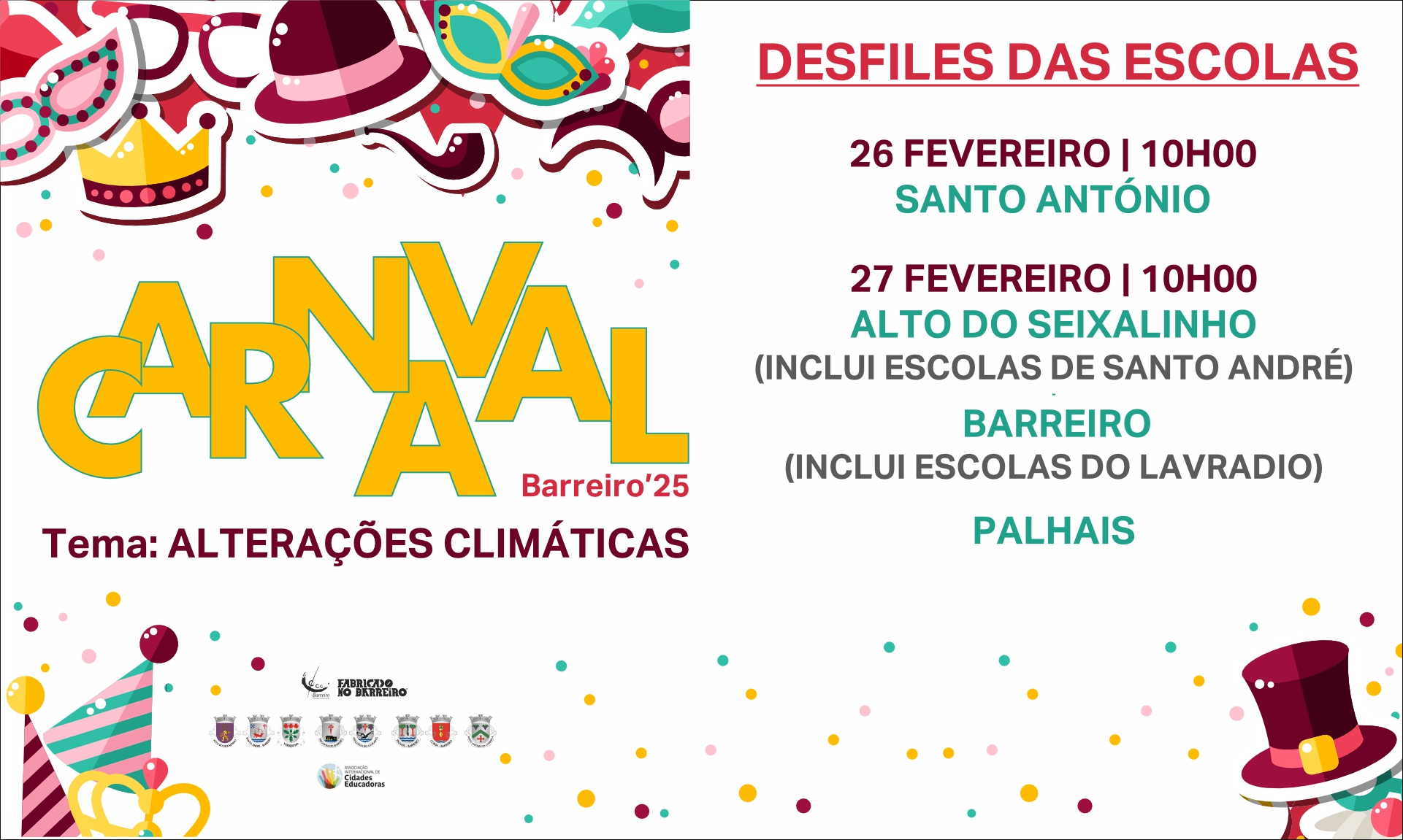 Cartaz do Carnaval das Escolas do Barreiro | Desfiles | 26 e 27FEV2025, todos às 10h00