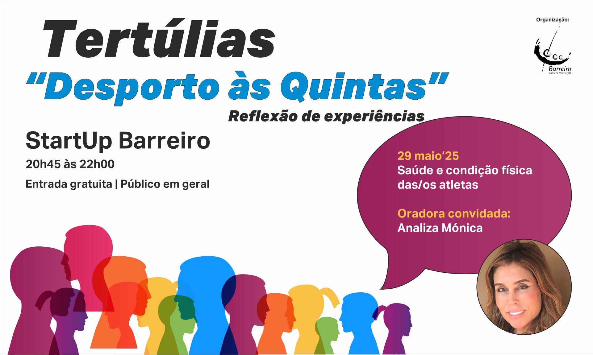 Cartaz das Tertúlias Desporto às Quintas | 29 maio | Saúde e condição física | StartUp Barr...