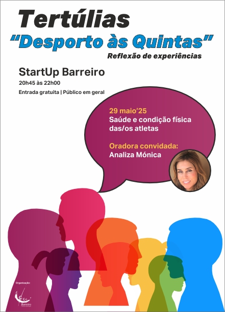 Cartaz das Tertúlias Desporto às Quintas | 29 maio | Saúde e condição física | StartUp Barreiro