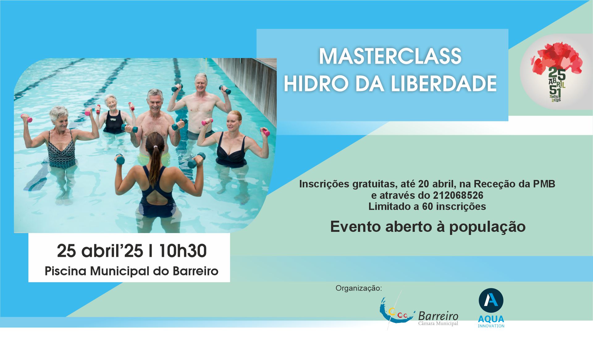 Cartaz da MasterClass Hidro da Liberdade 2025, dia 25 abril, na Piscina Municipal do Barreiro
