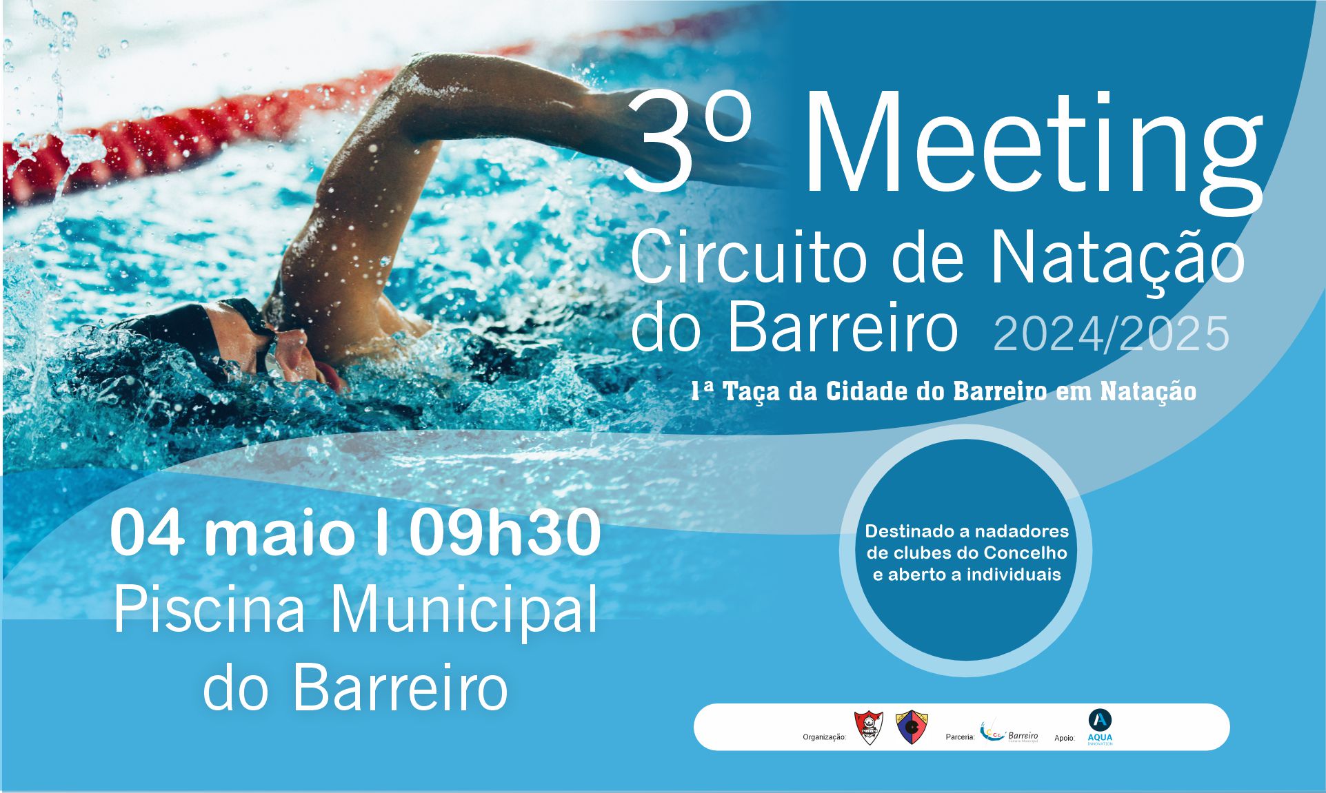 Cartaz do 3º Meeting do Circuito de Natação 2024/25 – 1ª Taça da Cidade do Barreiro | 4 maio 2025