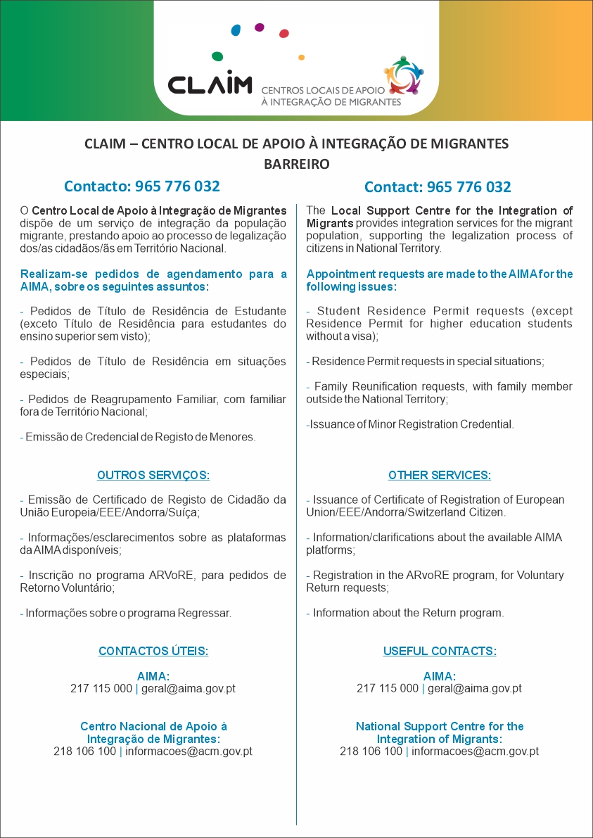 Imagem do folheto do CLAIM – Centro Local de Apoio à Integração de Migrantes