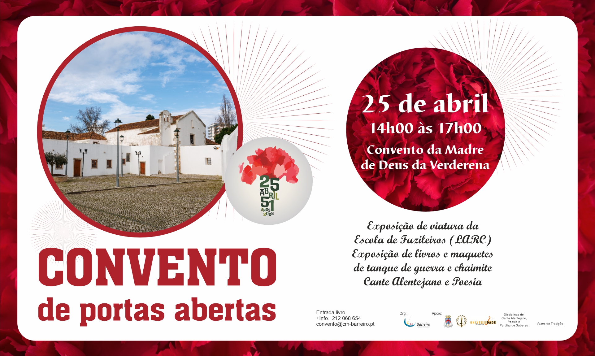 Convento de portas abertas no dia 25 de abril de 2025 das 14h00 às 17h00, no Barreiro