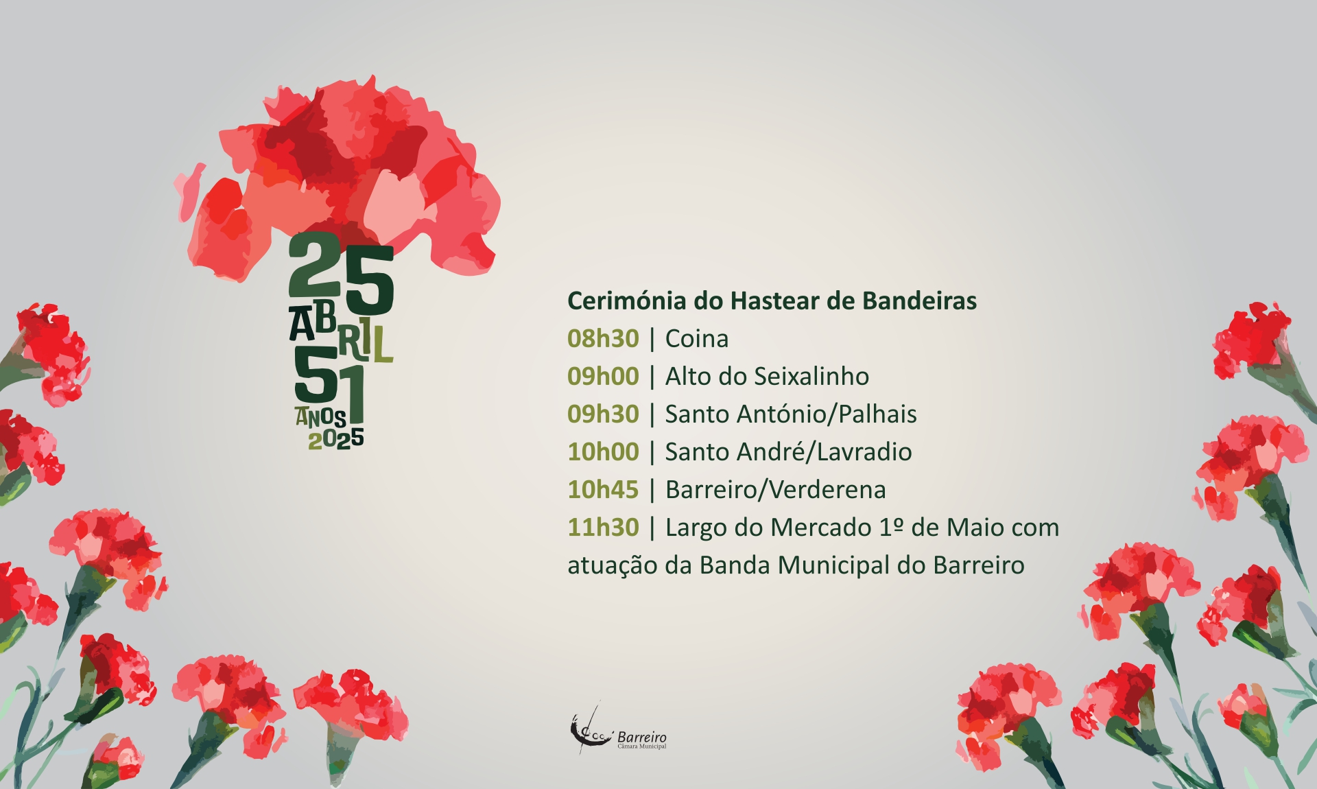 Cartaz de anúncio dos Hastear de Bandeiras no Concelho do Barreiro | 25 de Abril