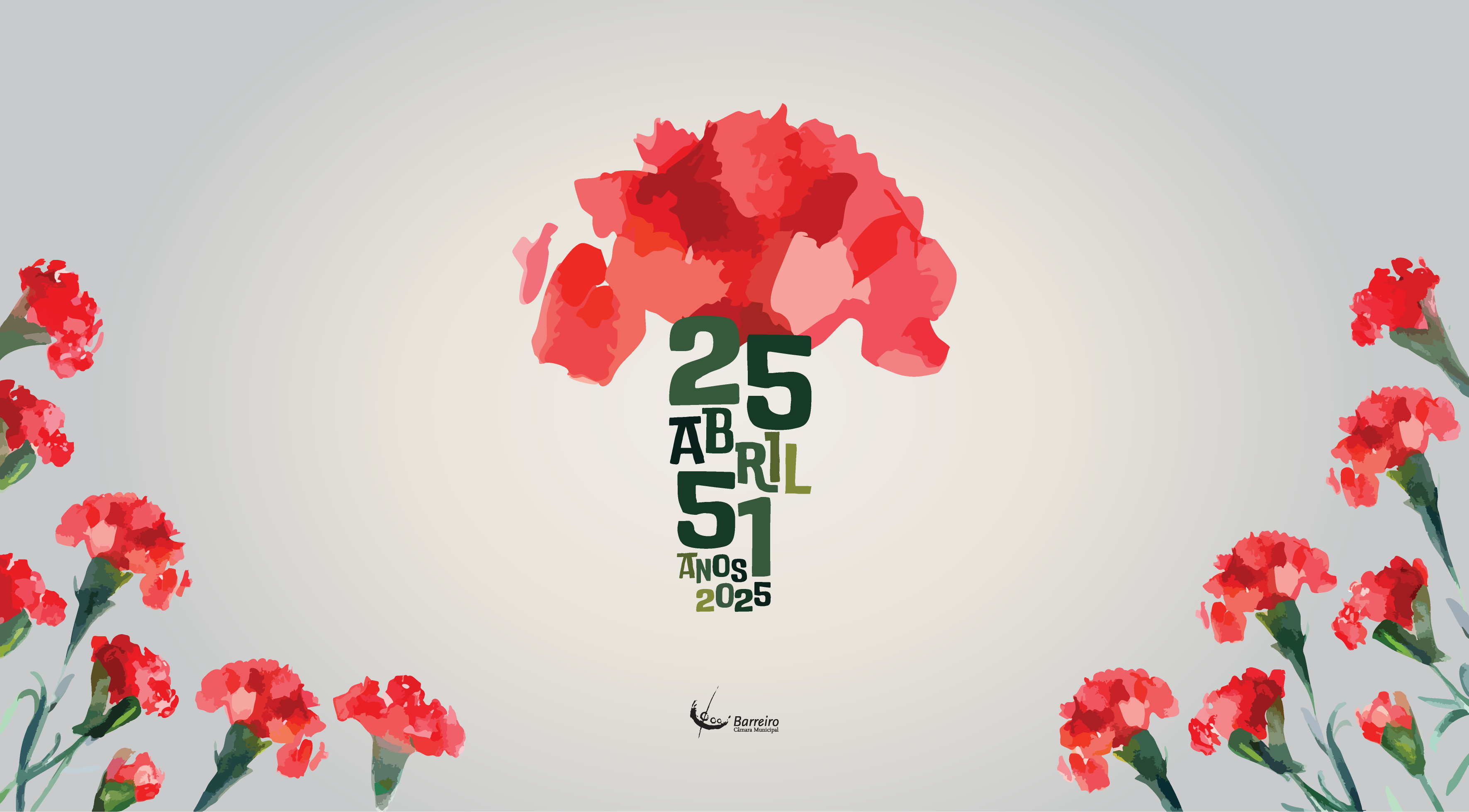 Imagem ilustrativa dos 51 anos do 25 de Abril com vários cravos num fundo cinzento