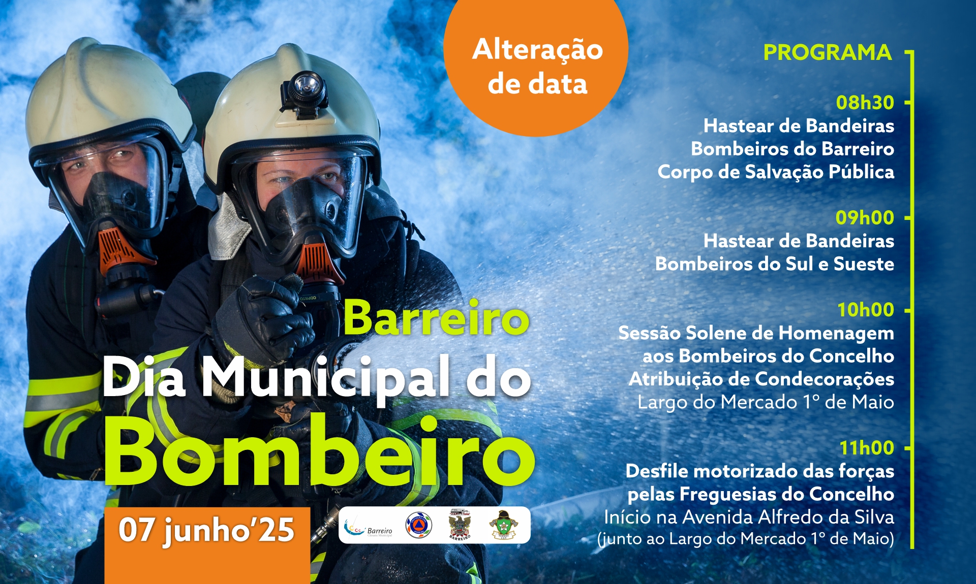 Cartaz da nova data do Dia Municipal do Bombeiro no Barreiro