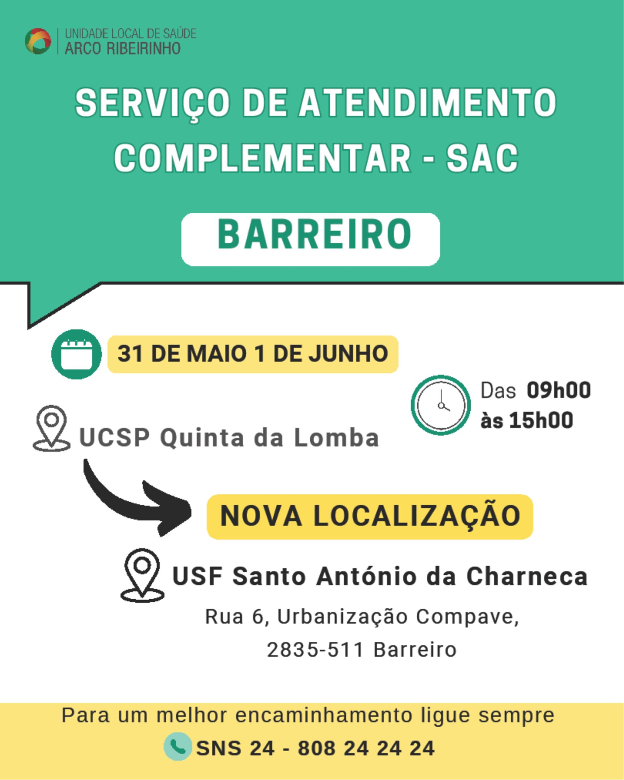 Cartaz da Alteração do Atendimento Complementar | 31 maio/1 junho 2025 | Quinta Lomba/Santo António