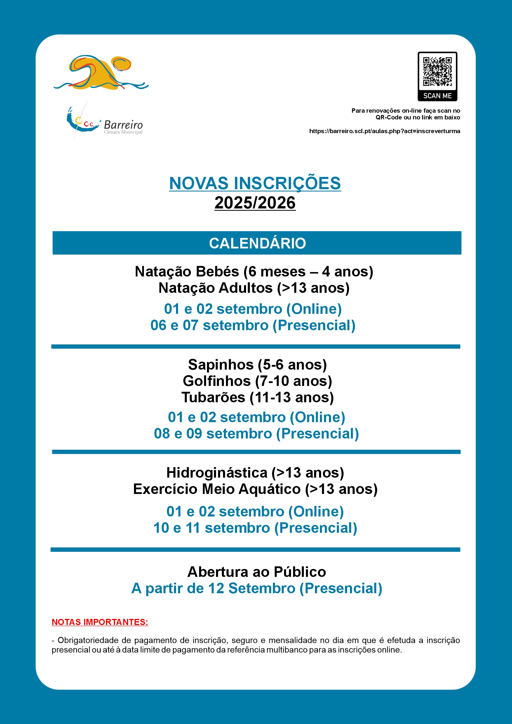 Cartaz de Piscinas Municipais | Novas inscrições, temporada 2025/2026