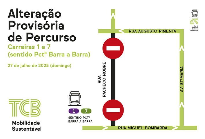 TCB | 27 de julho | Carreiras 1 e 7 | Alterações provisórias de percursos
