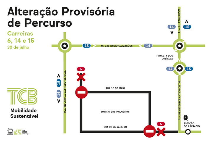 TCB | 30 de julho | Carreiras 6, 14 e 15 | Alterações provisórias de percursos