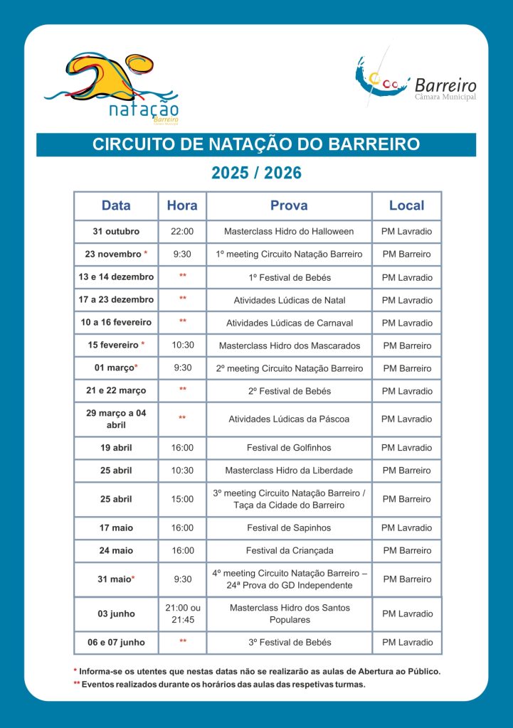 Imagem do calendário do Circuito de Natação do Barreiro | Temporada 2025/2026