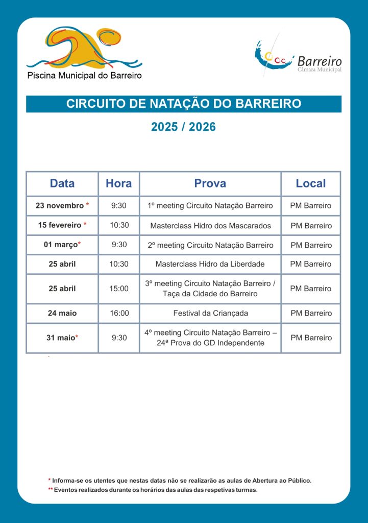 Imagem do calendário do Circuito de Natação do Barreiro 2025/2026 | Eventos Piscina Barreiro