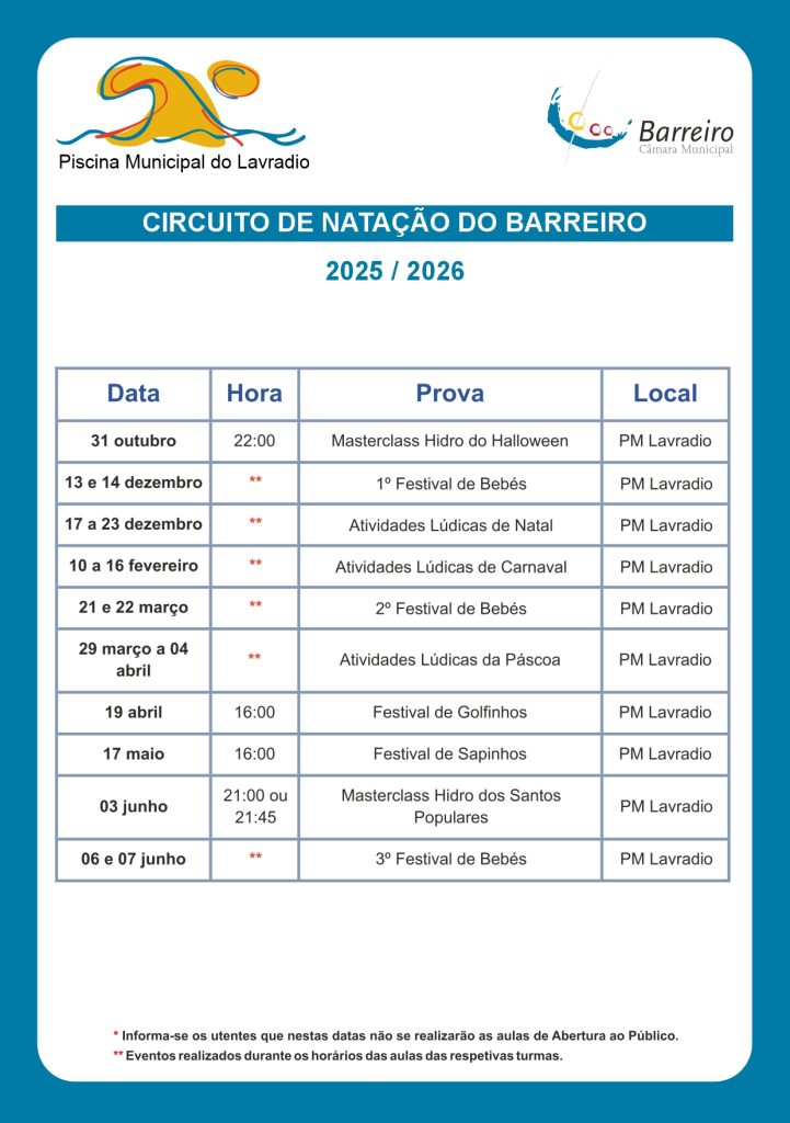 Imagem do calendário do Circuito de Natação do Barreiro 2025/2026 | Eventos Piscina Lavradio