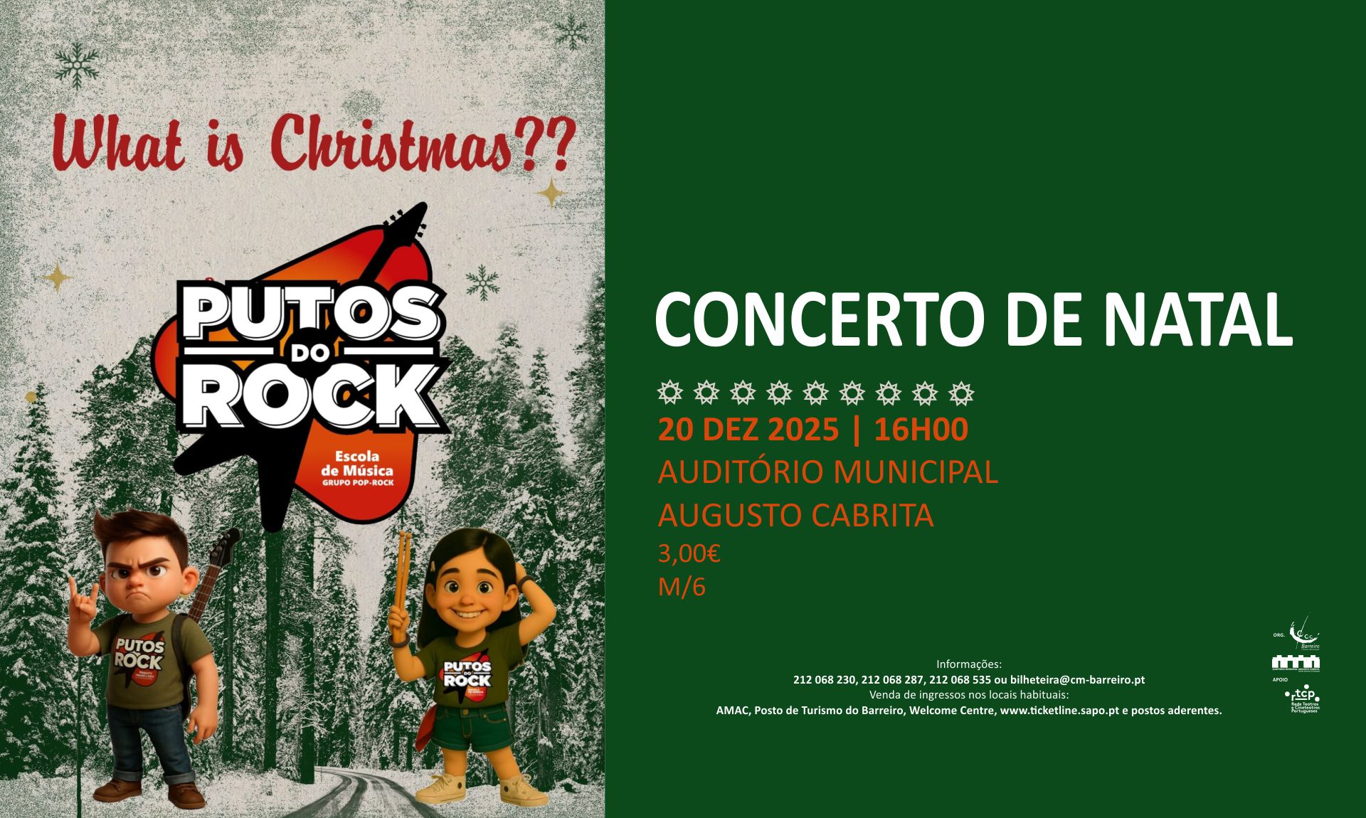 Concerto de Natal – Putos do Rock a 20/12/25, às 16h, no Auditório Municipal Augusto Cabrita
