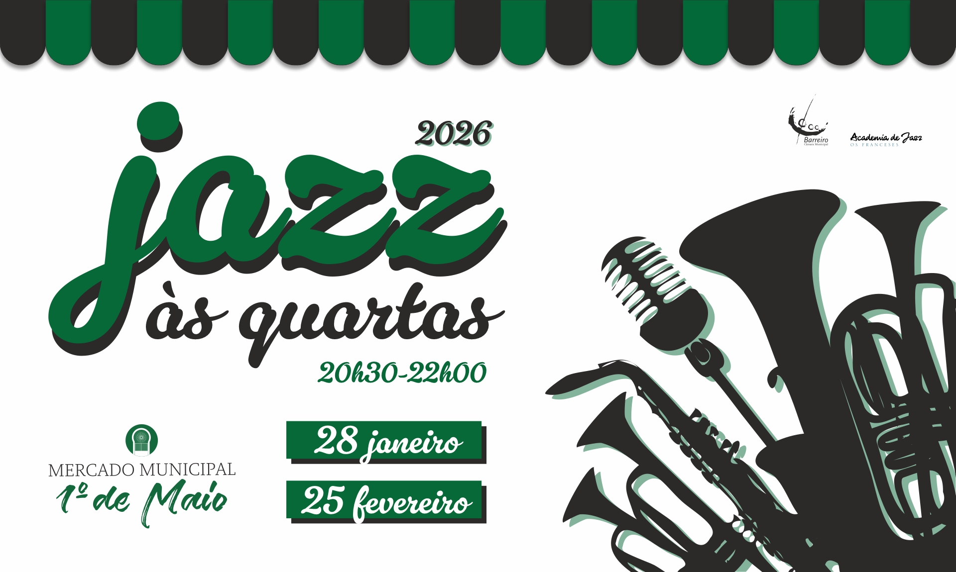 Jazz às Quartas no Mercado Municipal 1º de Maio, 28/1 e 25/2/26, das 20h30 às 22h00
