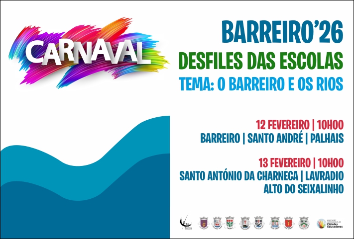 Cartaz dos Desfiles de Carnaval das Escolas 2026 sobre o Barreiro e os rios, dias 12 e 13/2