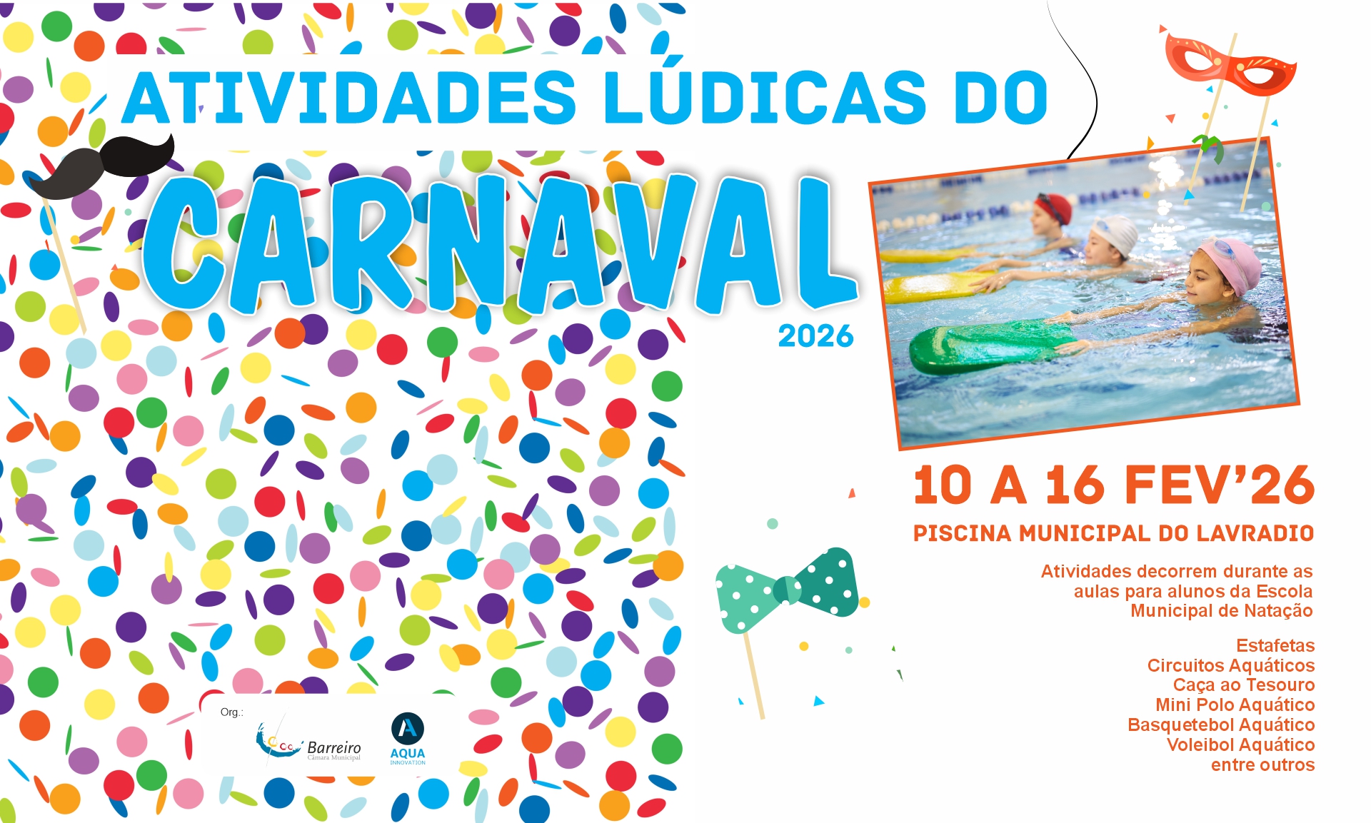 Natação | Atividades Lúdicas do Carnaval 2026 | 10 a 16 fevereiro | Piscina Municipal do Lavradio