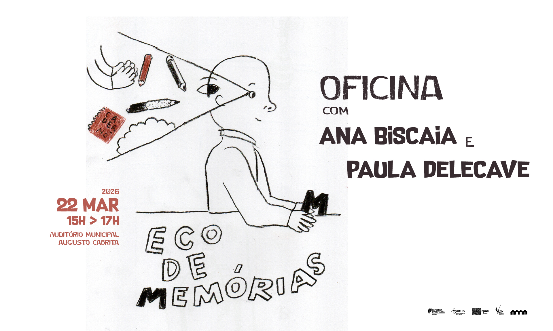 Cartaz da Oficina Eco de Memórias, 22/3/26 no Auditório Municipal Augusto Cabrita às 15h