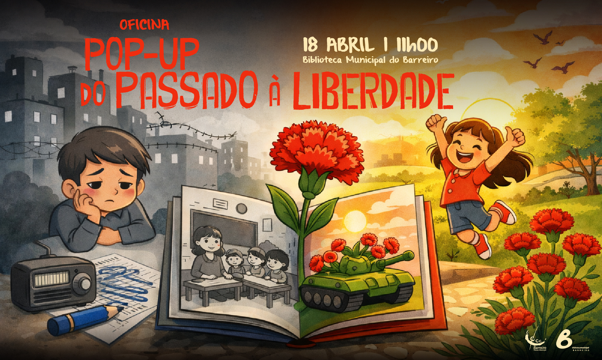 Imagem da Oficina “Pop-Up: do passado à liberdade, 18 abril 2026 na Biblioteca Municipal do Ba...