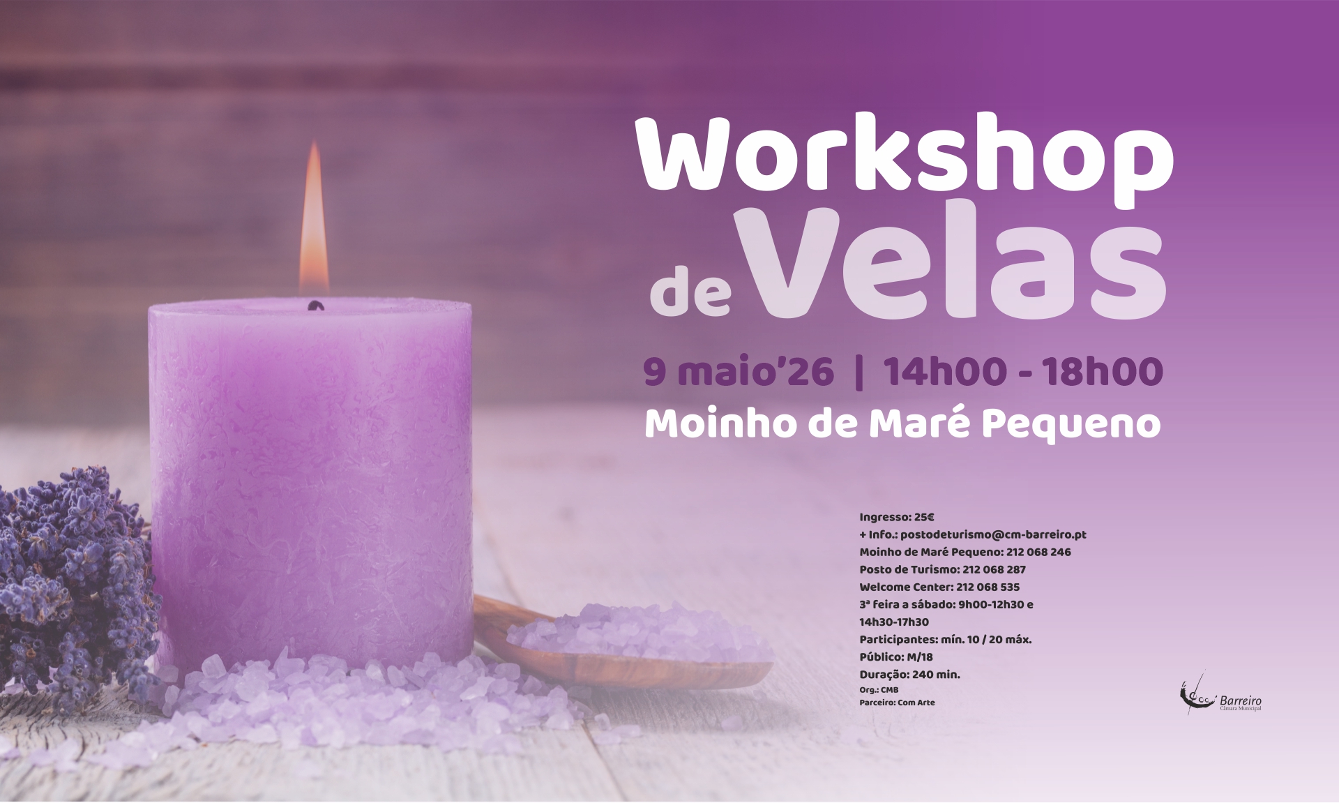Workshop de Velas a 9 /5/26, às 14h, no Moinho de Maré Pequeno