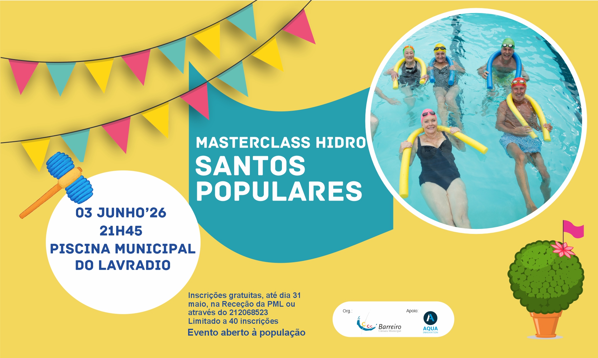 Imagem da MasterClass Hidro dos Santos Populares 2026 dia 3 junho na Piscina Municipal do Lavradio