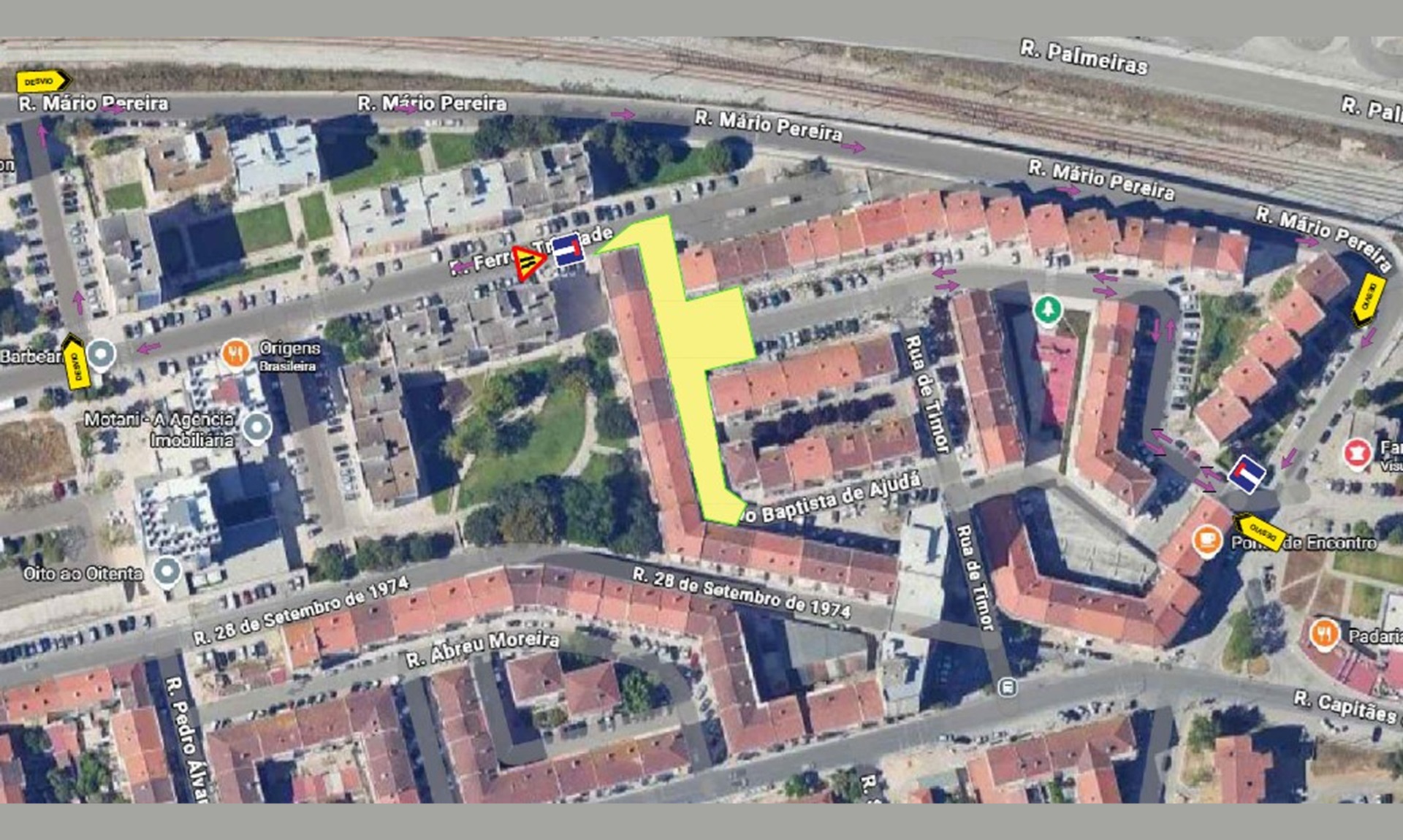 Imagem do esquema de desvio de trânsito Rua São João Batista de Ajudá, zona envolvente da Santinha