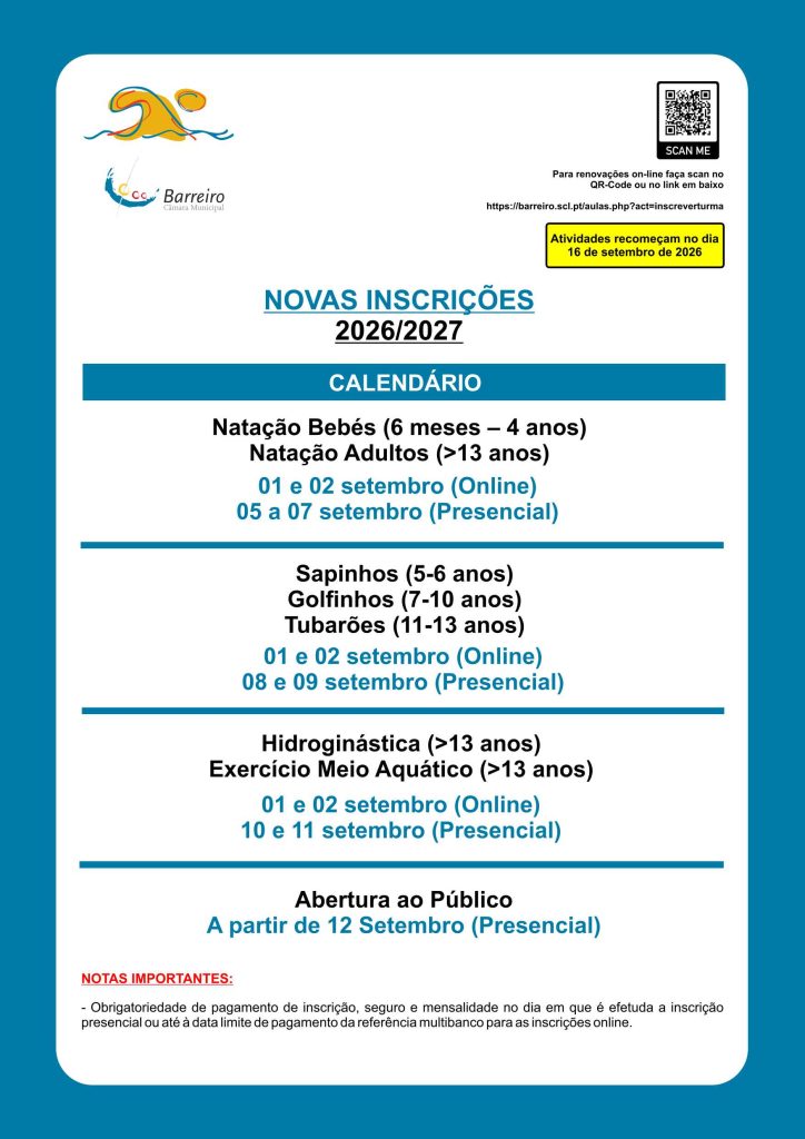 Imagem com informação sobre Novas Inscrições 2026/2027 Piscinas Municipais do Barreiro e do Lavradio