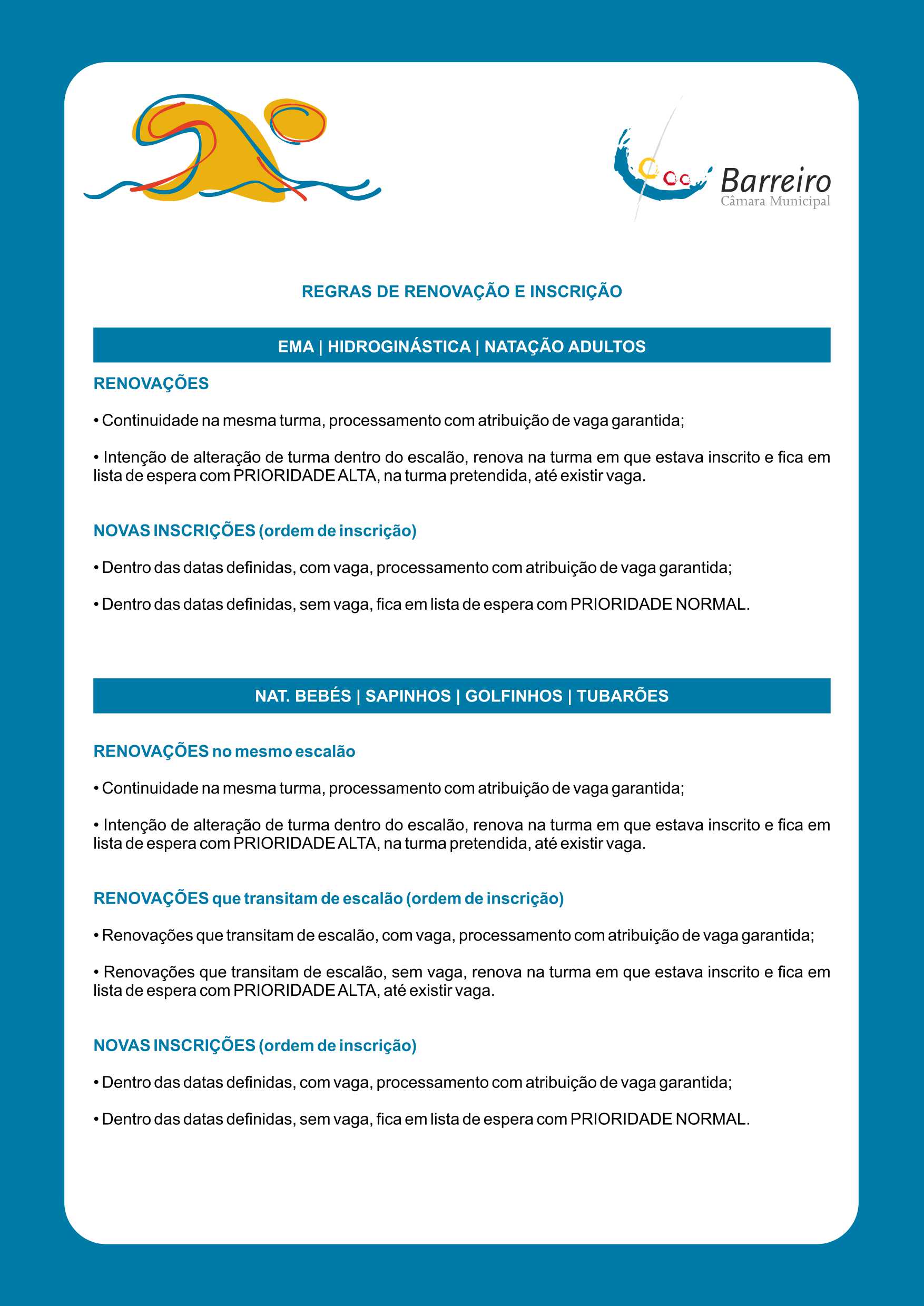 Imagem com informação sobre Regras de Renovações e Inscrições 2026/2027 Piscinas Municipais