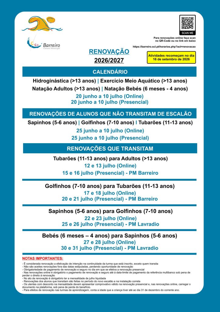 Imagem com informação sobre Renovações 2026/2027 nas Piscinas Municipais do Barreiro e do Lavradio