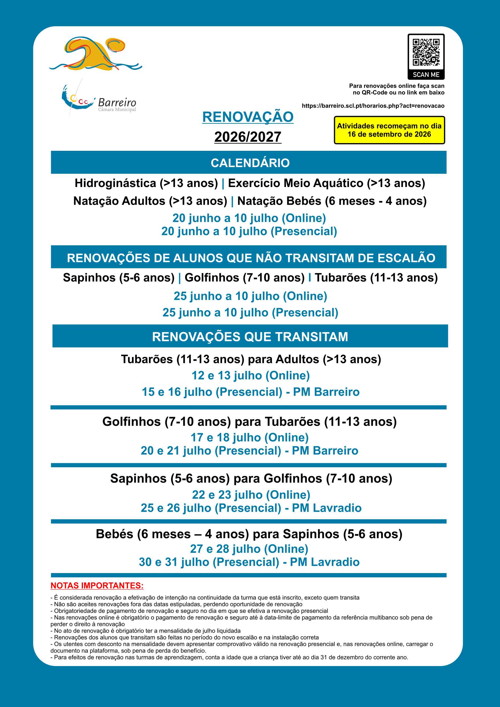 Imagem com informação sobre Renovações 2026/2027 nas Piscinas Municipais do Barreiro e do Lavradio