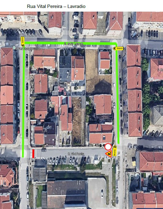 Imagem Rua Vital Pereira com as indicações dos desvios de trânsito durante a intervenção