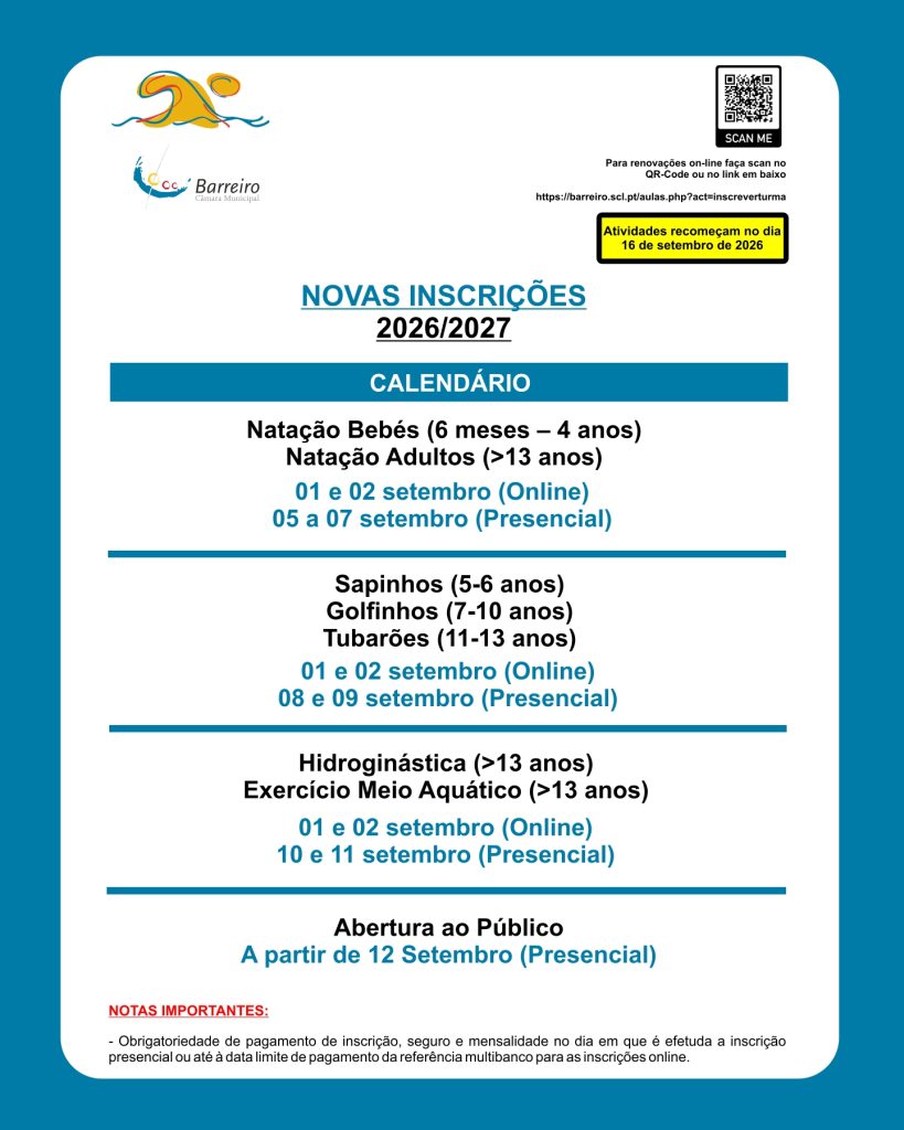 Imagem com informação sobre Novas Inscrições 2026/2027 Piscinas Municipais do Barreiro e do Lavradio