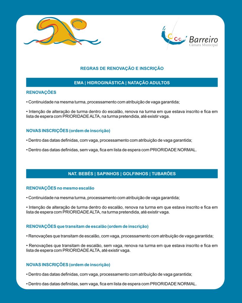 Imagem com informação sobre Regras de Renovações e Inscrições 2026/2027 Piscinas Municipais