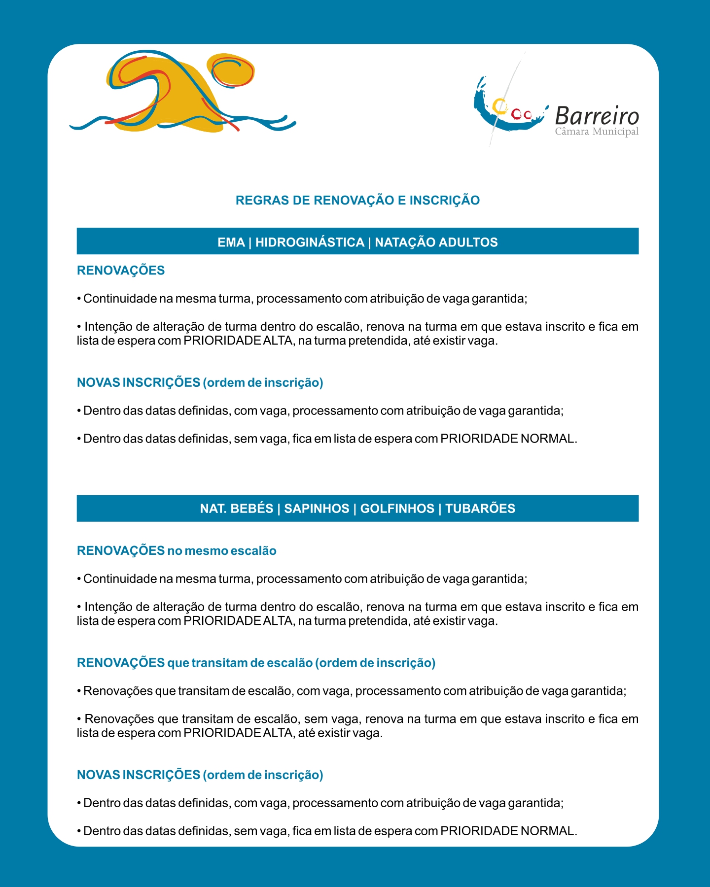 Imagem com informação sobre Regras de Renovações e Inscrições 2026/2027 Piscinas Municipais