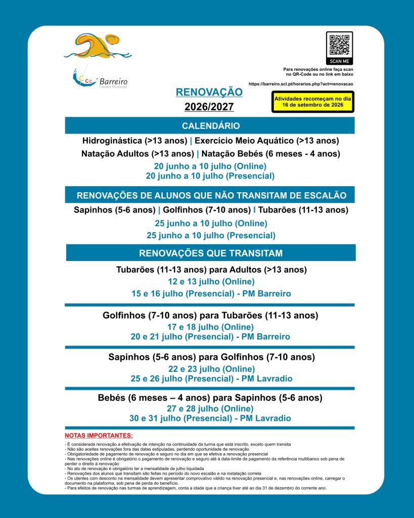 Imagem com informação sobre Renovações 2026/2027 nas Piscinas Municipais do Barreiro e do Lavradio