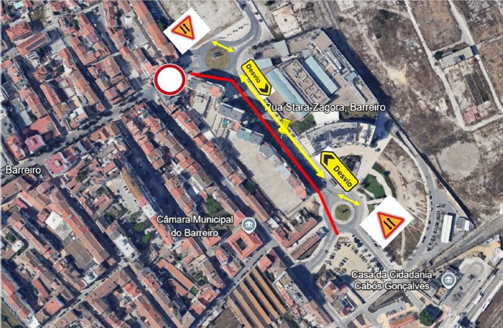 Imagem com a sinalização e percursos alternativos na Rua Stara Zagora (opção 1)