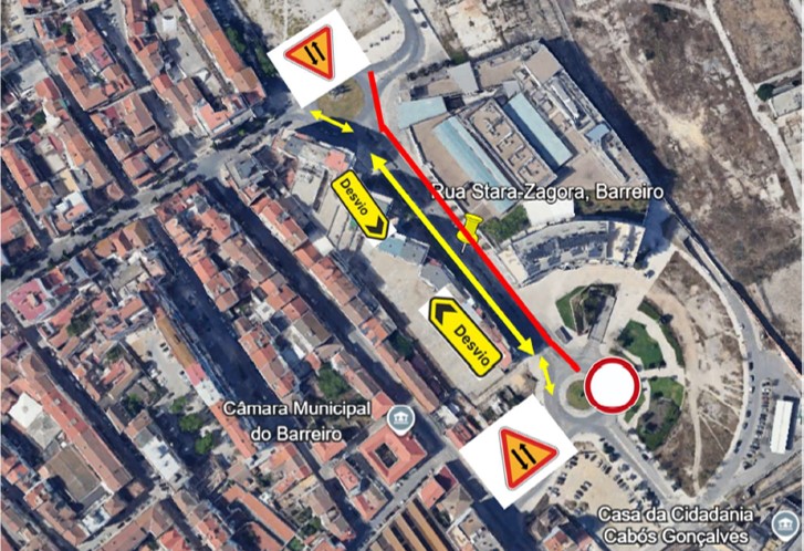 Imagem com a sinalização e percursos alternativos na Rua Stara Zagora (opção 2)