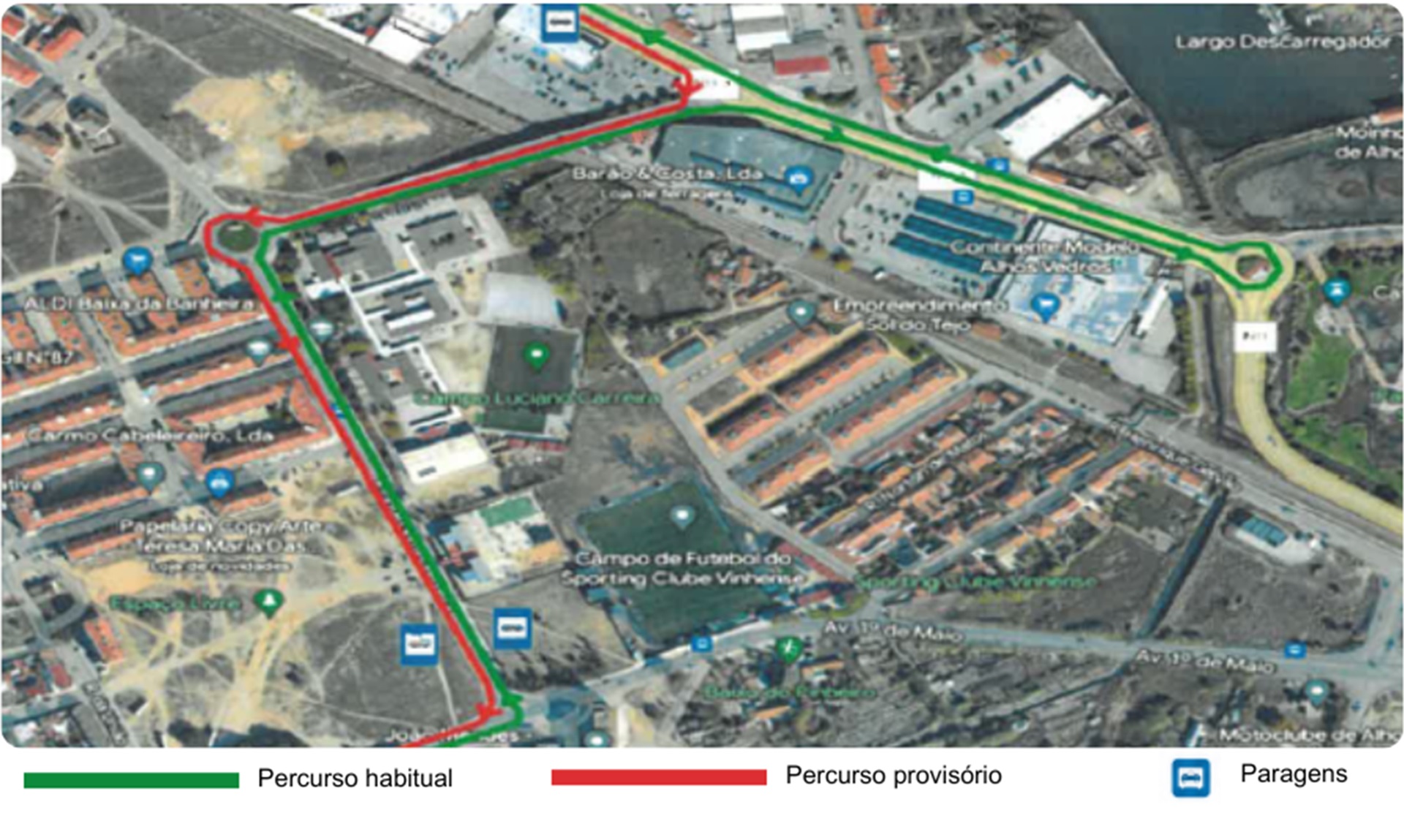 Esquema das alterações temporárias de percurso, em Alhos Vedros, descritas no texto