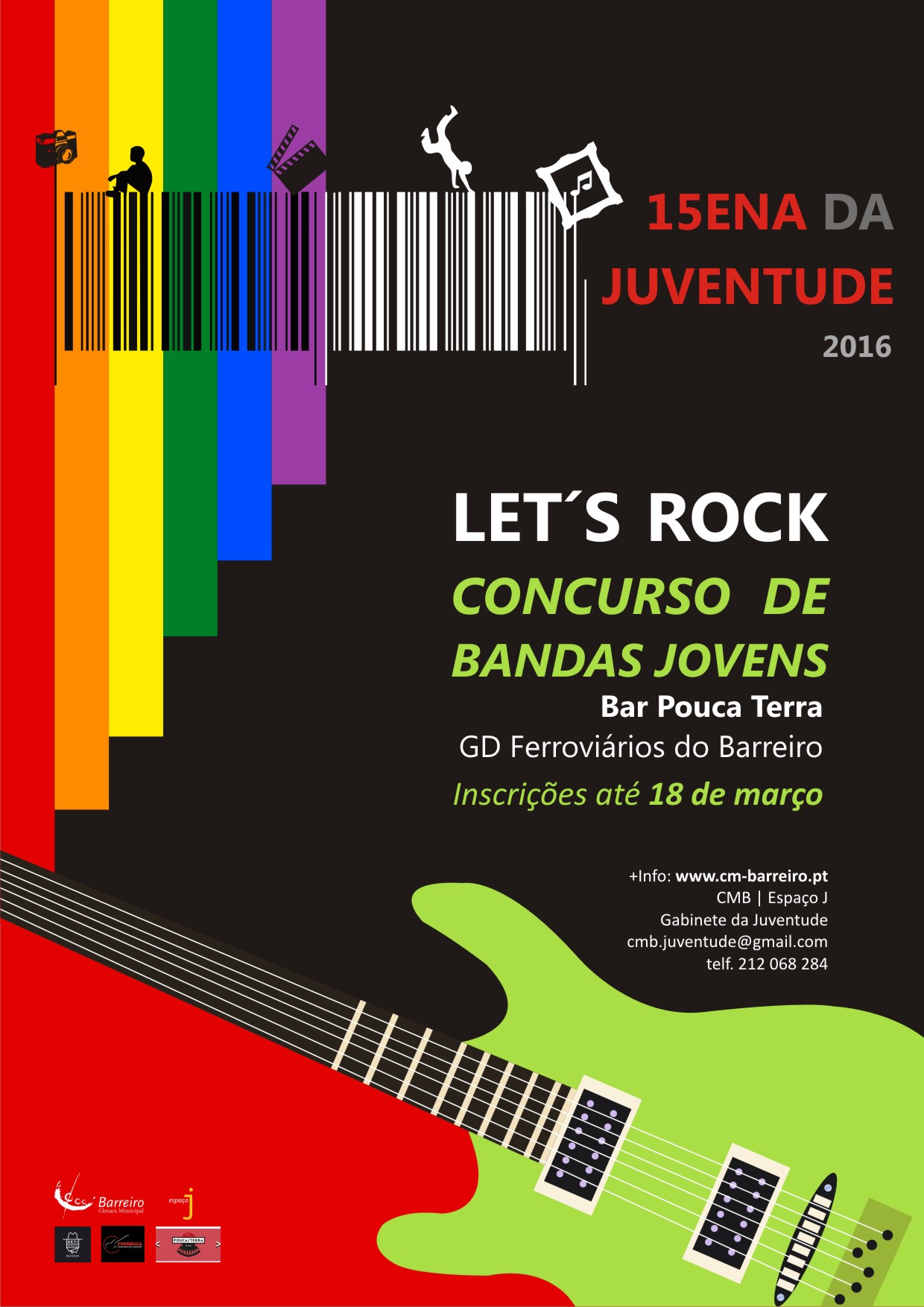Cartaz de concurso de bandas jovens da quinzena da juventude no Barreiro, com inscrições até 1...